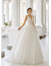 V Neck Beaded Ivory Lace Tulle Sheer Back Princess Wedding Dress
